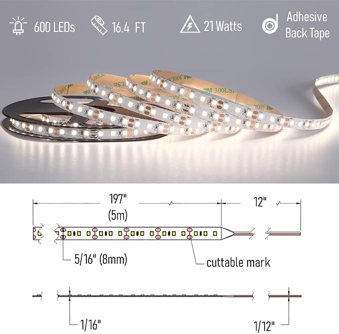 RV Flexible LED Strip Light 12V Dimmable Tape Light 16.4 ft 600 LEDs Width 5/16” for Camper Van Motorhome Truck Trailer Interior Lighting, 2000 Lumen CRI 90+ Indoor Only (4000K)