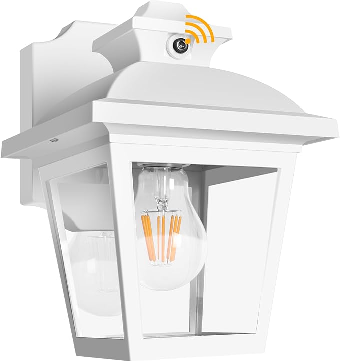 FUDESY Dusk to Dawn Outdoor Wall Lantern, Exterior Porch Light Fixture, E26 | Waterproof Modern White Wall Sconce, Sensor Outside Lighting Wall Mount for Hose,Front Door,Garage,Entryway, 3000K Warm White