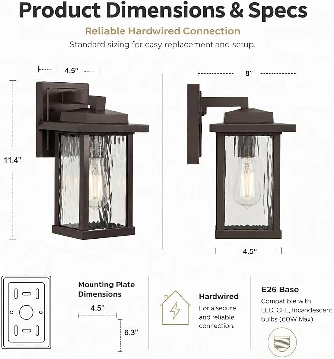Brown Outdoor Wall Light Fixtures with Water Ripple Glass, 2-Pack
