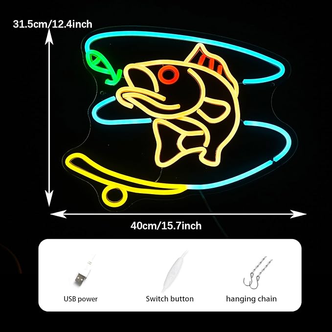 GNVETZLL Fishing Neon Sign Dimmable Fish Neon Light for Wall Decor LED USB Powered Fishing Hook Lights for Fishing Gear Store Yacht Man Cave Living Room Boys Gifts(Multicolor 15.7‘’*12.4‘’）
