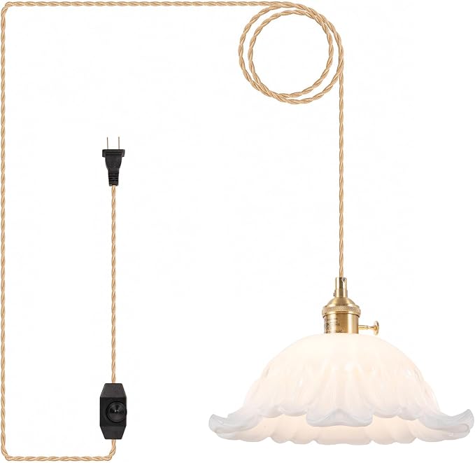 Plug in Pendant Light Fixtures,Hanging Light Fixture Corded On/Off Switch,11 inch E26 White Glass Lampshade Pendant Lighting for Kitchen Island, Bedroom, Dining Room