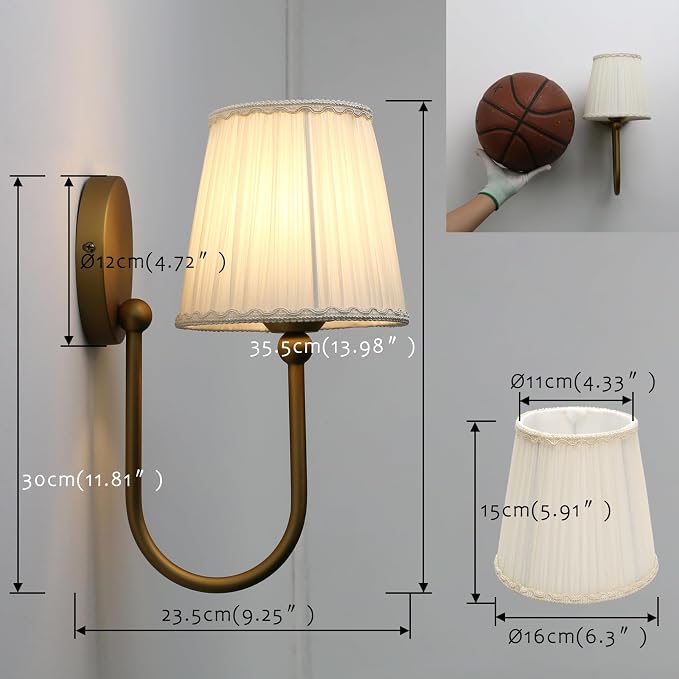 Vintage Set of 2 Fabric Wall Sconce Beige-White Gauze Cloth Shade, Hardwired Curved Arm Bathroom Vanity Lights, Indoor Wall Decor Lamp for Living Room, Kitchen, Bedroom, Foyer