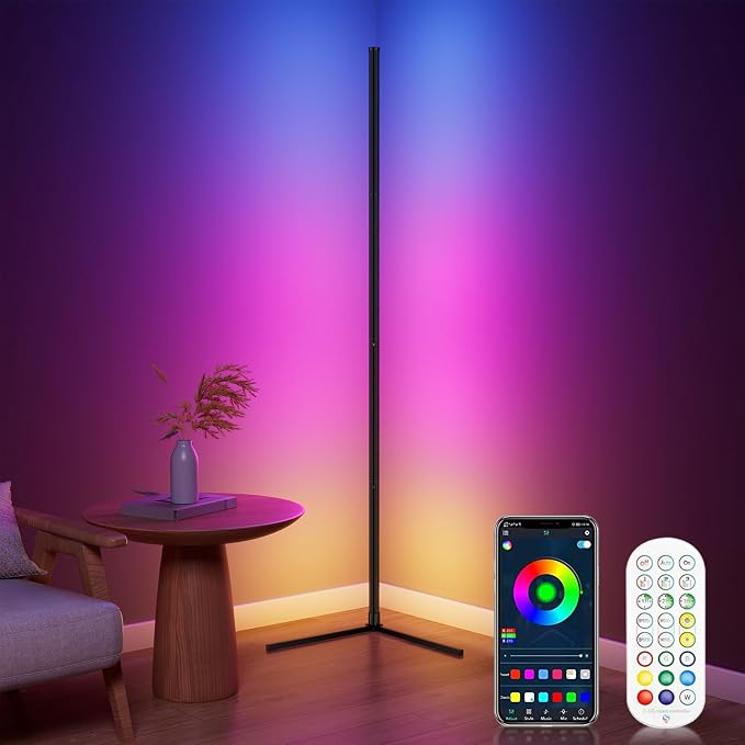WISIMMALL RGB Corner Floor Lamp, Bluetooth APP and Remote Control Music Sync LED Modern Floor Lamp for Living Room, Light Timing, 398 Dimmable Modes, 64.5" RGB Color Changing Mood Lighting