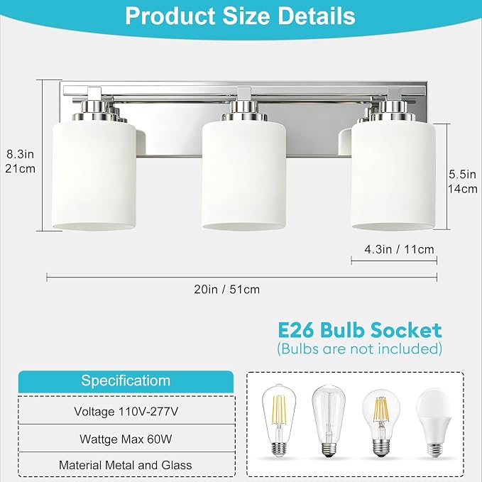 Modern Bathroom Lighting Fixtures Over Mirror, Vanity Lights for Bathroom, Wall Sconces with Milky White Glass Shades, E26 Ceramic Socket, 3-Light 19.7-inch Chrome