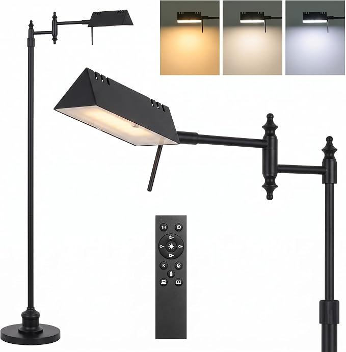 Bairth Black Reading Floor Lamp, Head 90°Rotatable Pharmacy Standing Lamp | 90°Rotatable Lamp Head 3 Color Temperature, Dimmable, 17W LED, Height Adjustable, 360°Swing Arm, Living Room, Bedroom, Craft