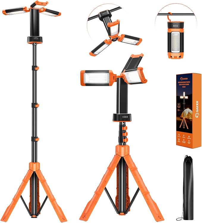 Saker Portable Camping Light with Stand 20000mAh 73.2" Work Light LD18 | Rechargeable,Adjustable Height,3200 Lumen 6500K Emergency Lights for Camping, Garage, Outdoor Work, Power Outages, Fishing