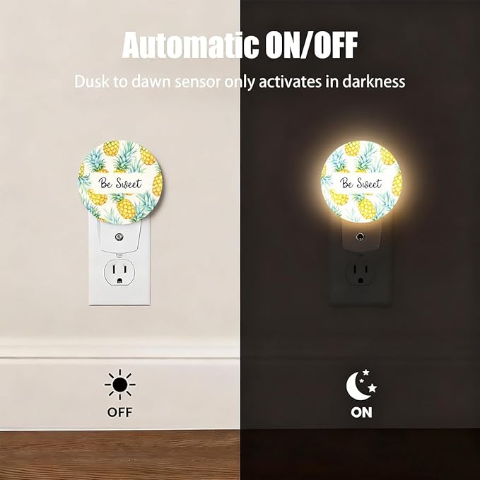Plug-in Watercolor Pineapple Night Light Be Sweet Nightlight with Dusk to Dawn Sensor, Auto On/Off 0.5W Energy-Saving LED Lighting for Men Women Boys Girls Gift