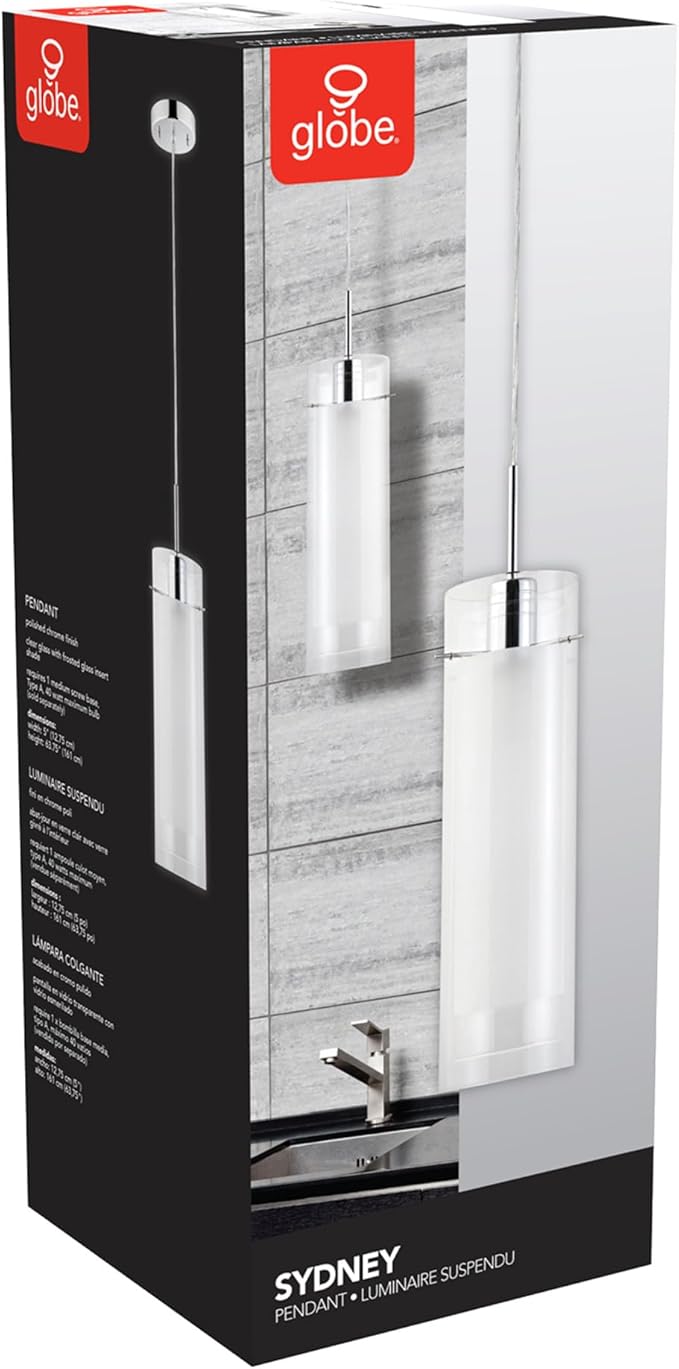 Globe Electric 64023 1-Light Pendant, Polished Chrome Finish, Clear Glass Shade with Frosted Glass Insert, Pendant Light Fixture, Adjustable Height, Light Fixture Ceiling Hanging, Bulb Not Included