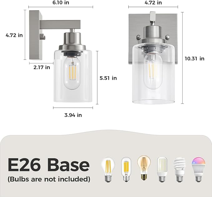 Bathroom Wall Sconces Set of 2,Brushed Nickel Wall Sconce,Vanity Light with Clear Glass Wall Mounted Light Fixture,Farmhouse Wall Lamp for Bedroom Living Room Mirror Hallway