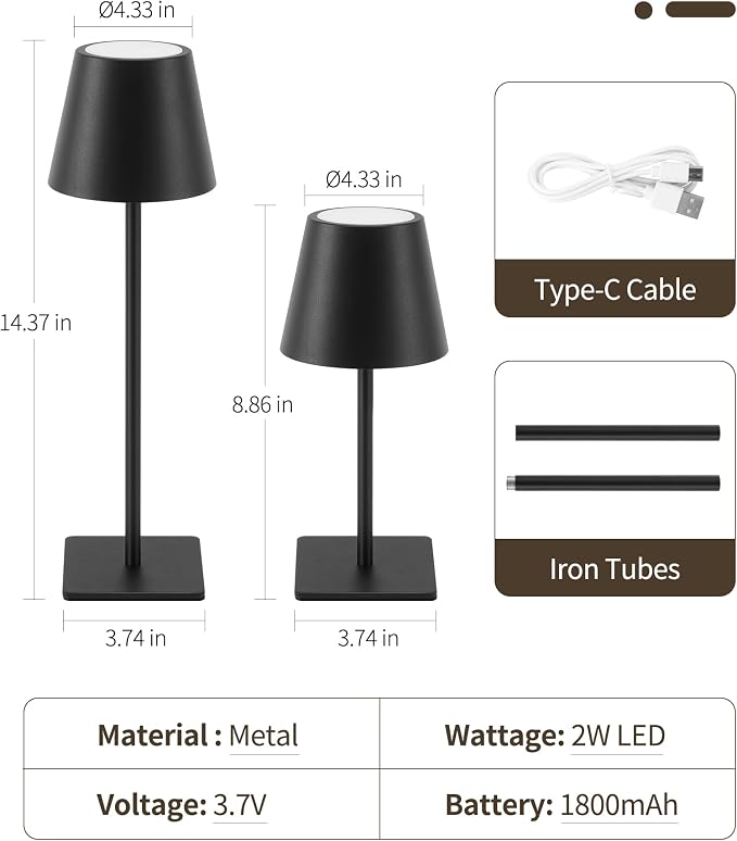 UME Cordless Table Lamp, Battery Operated Lamp - Portable Waterproof Rechargeable Table Lamp w/ 3 Color Temps & Stepless Dimming for Dinner, Desk, Cafe, Outdoor (Black)