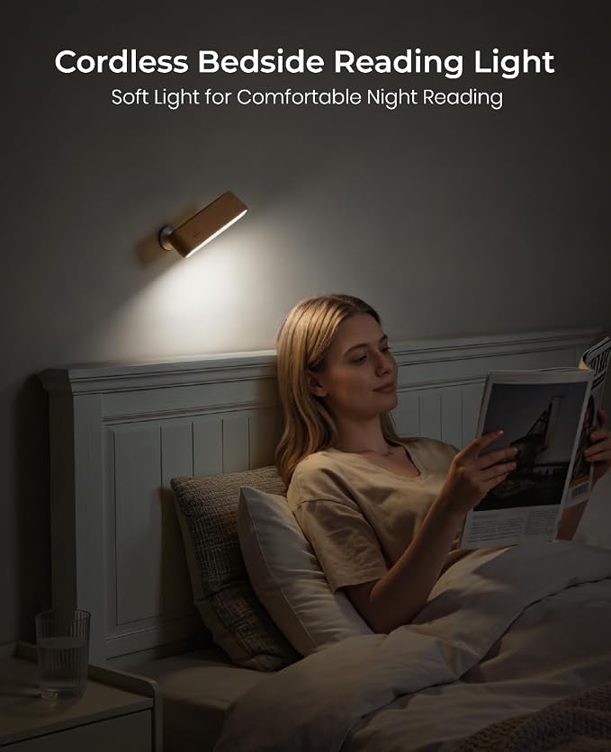 Wood Wall Sconce, Rechargeable Reading Light, Magnetic Bedside Lamp | Bedside Reading, 360° Rotation, Stepless Dimming, 4000K Natural Light, Magnetic Installation for Bedroom Wall Lamps