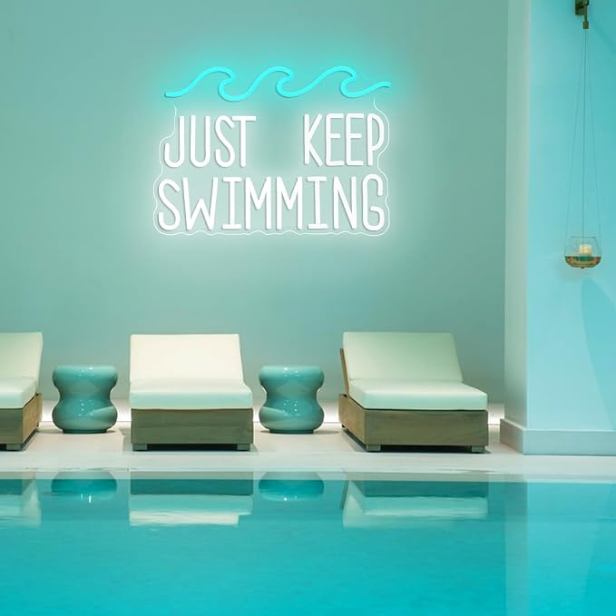 Just Keep Swimming Neon Sign USB Powered Motivational Swimming Pool Decor Neon Light Ice Blue Wave LED Light Up Sign for Wall Decor Classroom Room