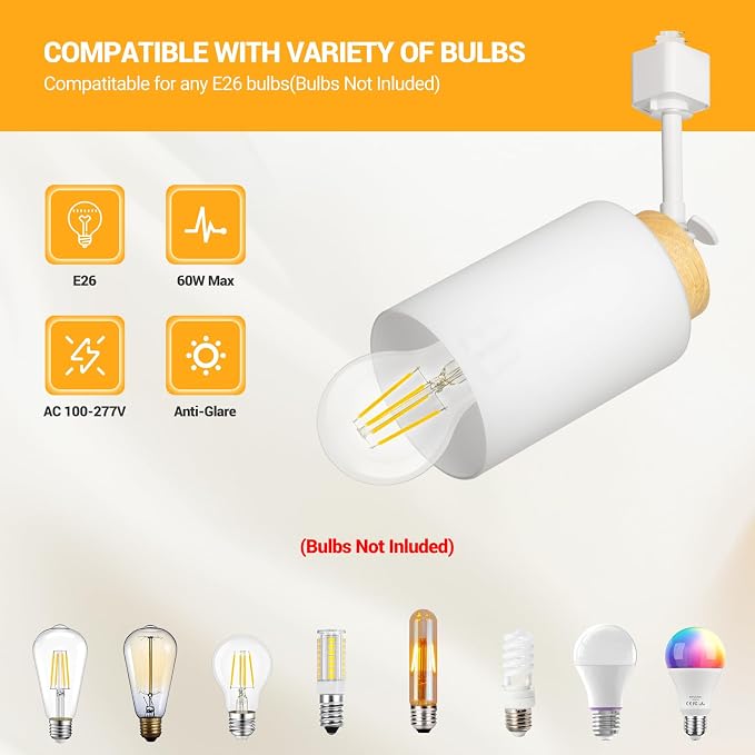 H Type Track Lighting Heads with Glass Lamp Shade, White 4 Pack | E26 Track Light Ceiling Modern for Kitchen, Compatible with H Track Rail System, Wood Style Pendant Light Fixtures - No Bulbs