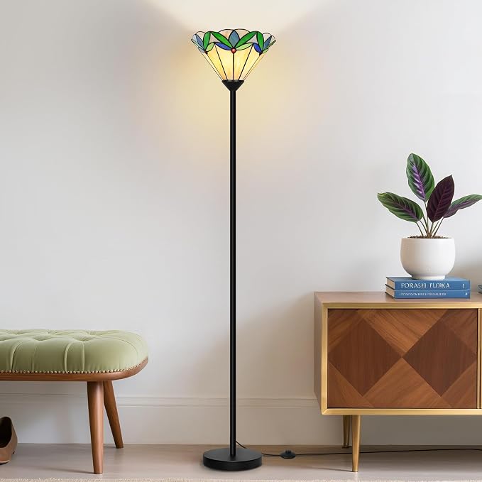 Stained Glass Floor Lamp with Tree Leaf Pattern, Vintage Style Torchiere Floor Lamp, Tall Corner Pole Lamp with Foot Switch, Antique Decorative Standing Reading Light for Living Room Bedroom(E26 Base)