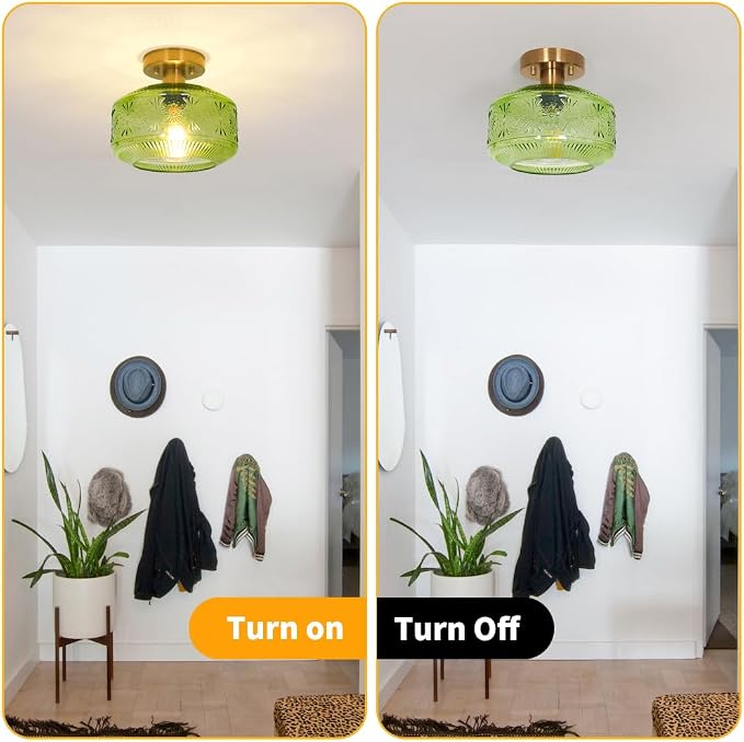 Semi Flush Mount Ceiling Light, Vintage Small Ceiling Light Fixture, Thickened Glass Hallway Light Fixture, Brass Kitchen Ceiling Mount Lamp with Green Glass for Entry Way, Bedroom, Bathroom, Porch