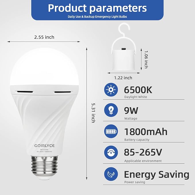 4Pack Rechargeable Emergency Light Bulbs, LED Battery Backup Bulb for Lamps | Emergency Light Bulb 9W Daylight E26/E27 6500K 1500mAh Operated Light Bulb for Home Power Outage Camping Hurricane Hiking