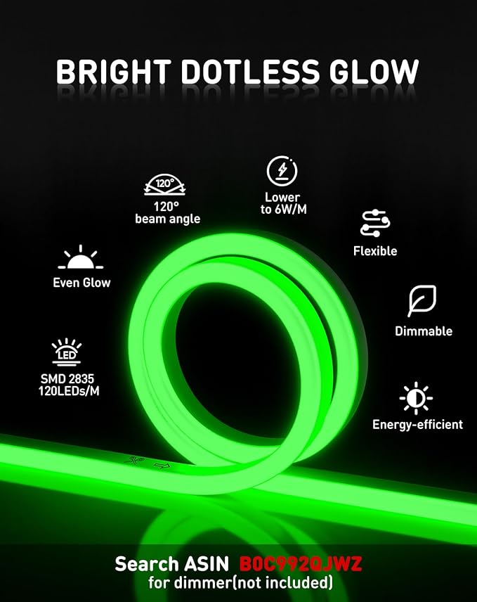 Shine Decor LED Rope Lights AC 120V, Connectable & Cuttable Dotless 120LEDs/M Eco Neon Strip Lighting, ETL IP65 Waterproof & Weather-Resistant for Home Commercial, 8x16mm, Green, 98.4FT