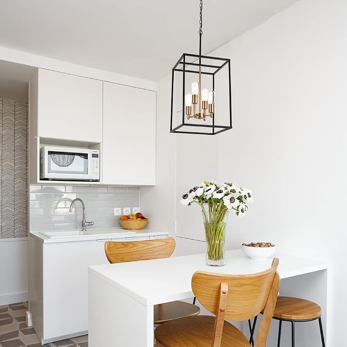 Retro 4 Light Large Farmhouse Chandelier Rustic Dining Room Lighting Fixtures Hanging in Black and Brushed Brass Finish Metal Square Cage Pendant Lighting for Kitchen Island