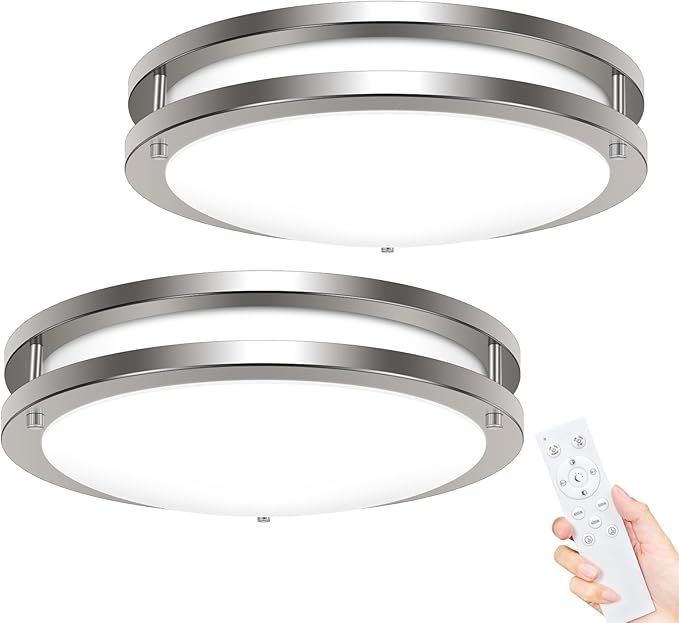 hepside 2Pack Flush Mount LED Ceiling Light with Remote, Dimmable& 3000K-6500K Adjustable Ceiling Light Fixture, Timer, Night Light, 13 inch Brushed Nickel Ceiling Lamps for Kitchen Bathroom Bedroom