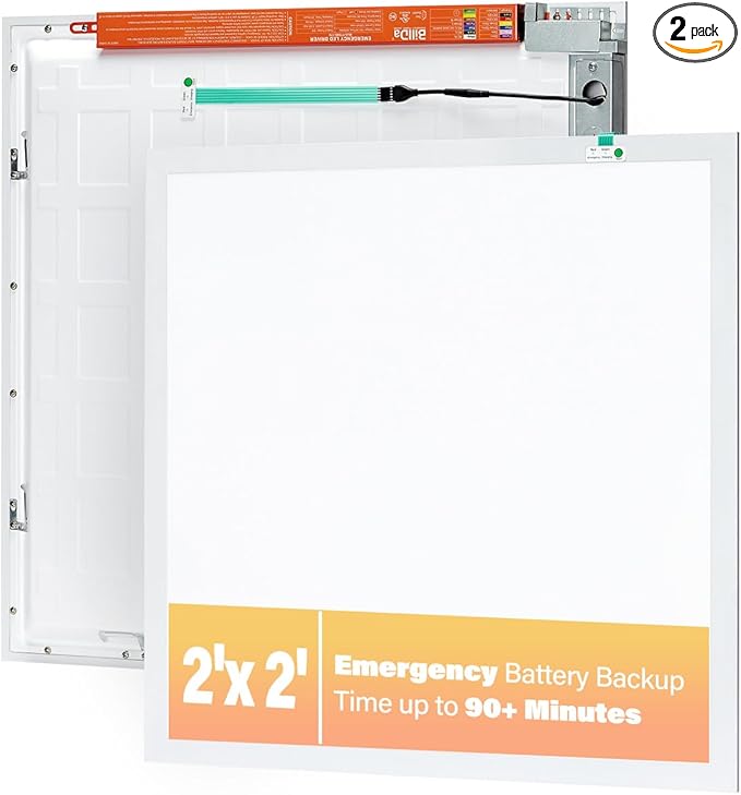 2-Pack 2x2 LED Flat Panel Light with Emergency Battery Backup, 90-Min Emergency Mode at 8W, 20W/30W/40W Wattage Switchable, 3000K/4000K/5000K Selectable, 100-277V, 0-10V Dimmable, UL & ETL