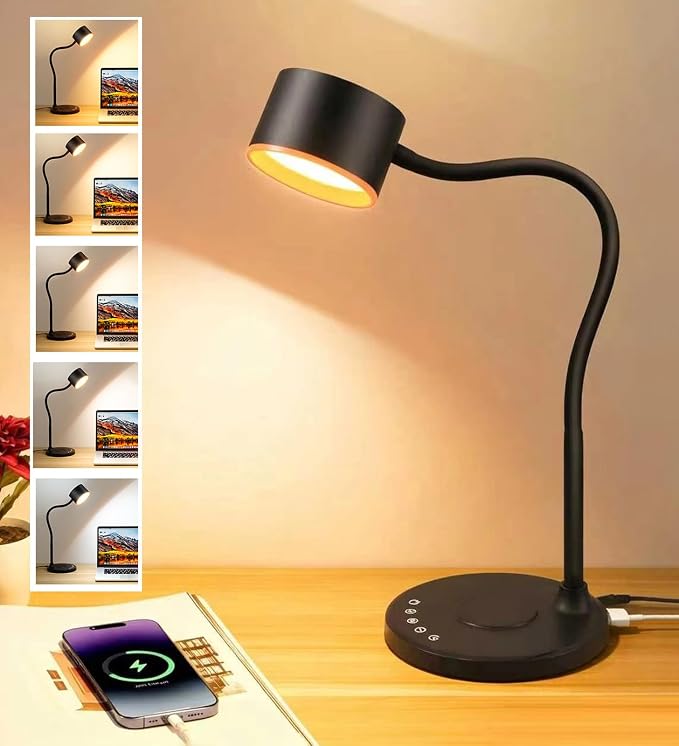 LiFMIRA Desk lamp with USB Charging Ports, Touch Control Desk Light Black | Reading Lamp for Home Office, 5 Color Stepless Dimming Study Lamps Reading Light Table Lamp for Bedroom Bedside Dorm Room