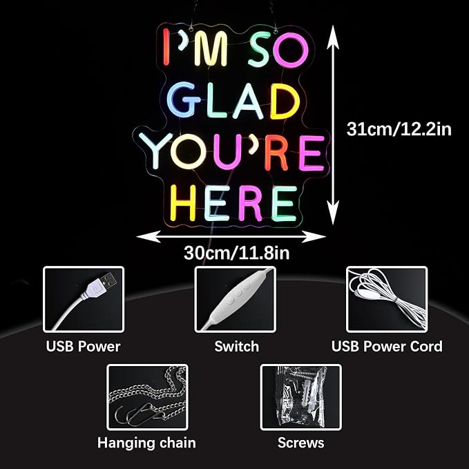 I’m So Glad You’re Here Neon Sign for Teachers – Dimmable Multicolor Letter LED Light with Wired Controller, Rainbow Glow Classroom Decor, 12.2×11.8 in, Includes 4 Wall Anchors & 2m USB Cable