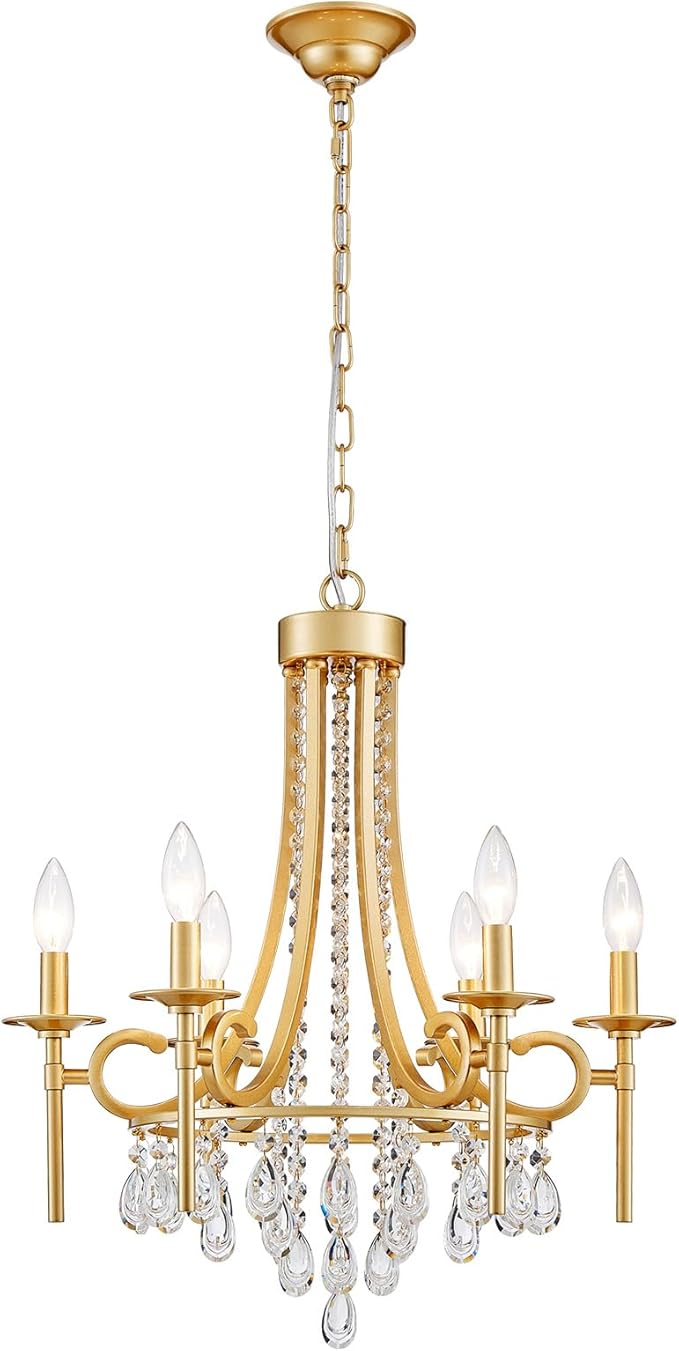 Modern Crystal Chandeliers for Dining Room, 6-Lights Gold Round Chandelier for Entryway, Crystal Chandelier Pendant Ceiling Lighting Fixture for Living Room Bedroom Kitchen Island Foyer Staircase