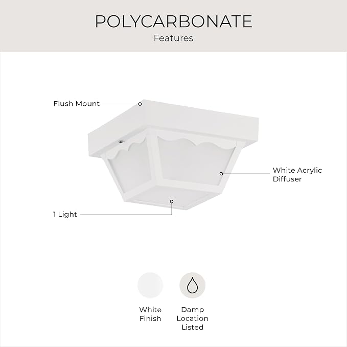 Progress Lighting 1-Light Indoor and Outdoor Flush Mount Ceiling Light, Interior and Exterior Ceiling-Mount Light Fixture for Porch Light, Patios, Garages, Hallways, Non-Metal, 8-1/4" by 4-3/4", White