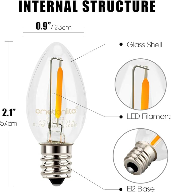 Emotionlite Night Light Bulbs, C7 Candelabra Bulb, LED Light Bulbs with E12 Chandelier Base, 0.5 Watt (4W 5W 6W 7W Incandescent Equivalent), 50LM, Warm White, 2700K, Clear, 8 Pack