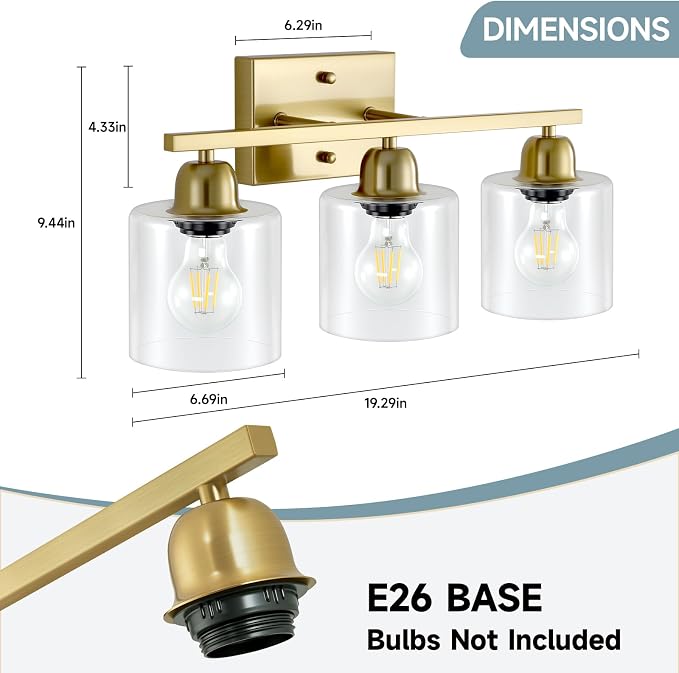 Modern Brushed Gold 3 Light Bathroom Light Fixtures, 19 inch Vanity Lights for Bathroom with Clear Glass, Bathroom Lighting Fixtures Over Mirror for Mirror Kitchen Living Room