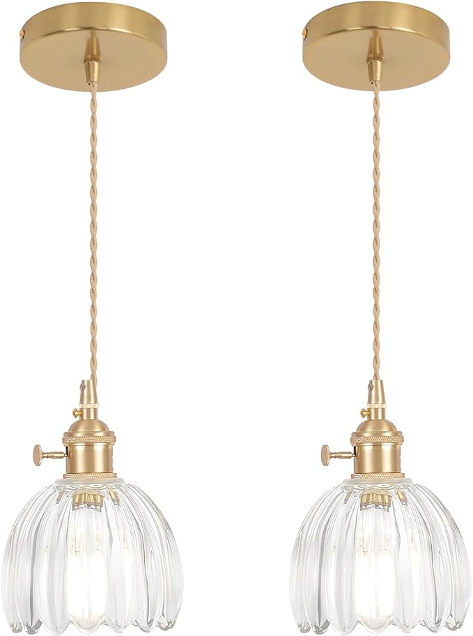 Pendant Light 2 Pack with Clear Tulip Glass Lmapshade, Brass Vintage Pendant Light Adjustable Hanging Light for Kitchen Island Dining Room Hallway