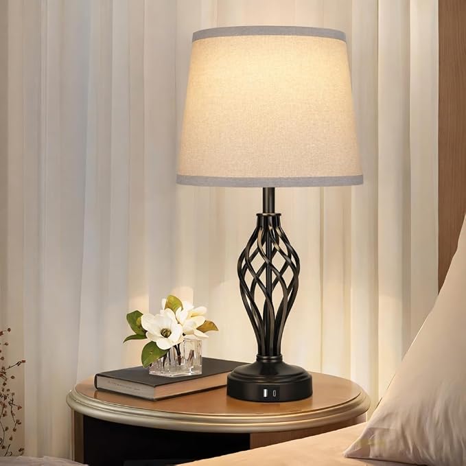 Ruiever Touch Table Lamps Set of 2, nightstand lamp with USB Ports Bedside 3 Way Touch dimmer Desk lamp for Living Room Bedroom,Black Painted Spiral cage Base Design Warm White dimmer Bulbs Included.