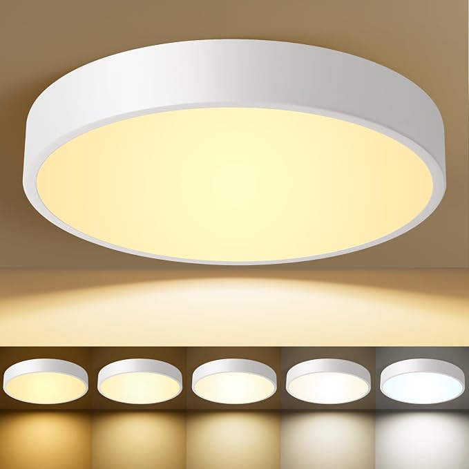 Flush Mount Ceiling Light Fixtures White LED Dimmable 5CCT 12In 24W | 2700K, 3000K, 3500K, 4000K, 5000K, Iron Construction, IP40, For Bathroom, Bedroom, Kitchen, Entryway, Closet & Hallway, ETL