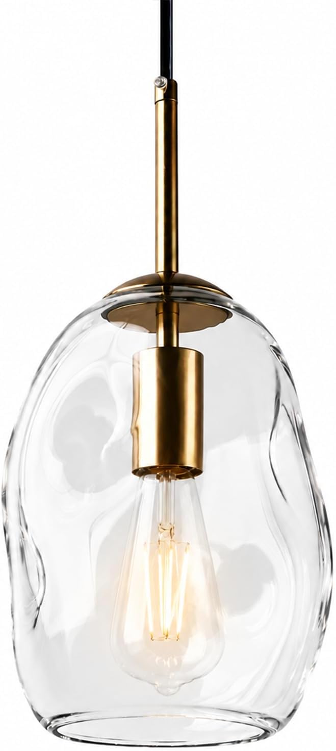 Modern Clear Glass Pendant Lights for Kitchen Island, E26 Base | H8.6 Inch Hand Blown Ideal for Bedroom/Hallway/Bathroom/Dining Room/Foyer, Organic Globe Adjustable Hanging Height Fixtures