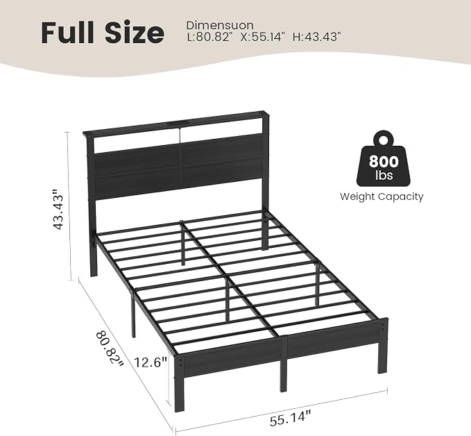 Full Size Metal Bed Frame with Storage Headboard, LED Lights | USB Charging Station, Metal Platform Bed with Sturdy Slats,Noise Free,No Box Spring Needed, Easy Assembly