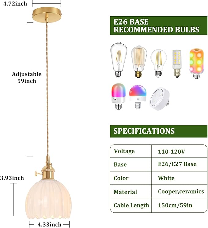 Pendant Light 2 Pack with White Tulip Glass Lmapshade, Brass Vintage Pendant Light Adjustable Hanging Light for Kitchen Island Dining Room Hallway