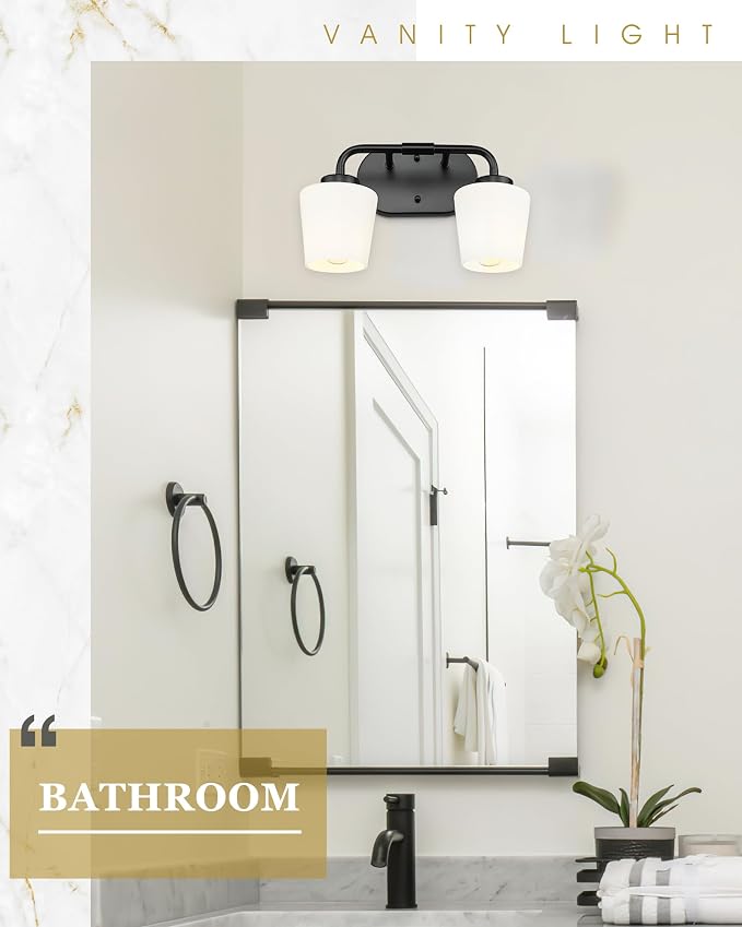 2-Light Black Bathroom Light Fixtures Over Mirror | Vanity Lighting Fixtures with Milk White Glass, Vintage Farmhouse Wall Sconces Lighting, AD-22004-2W-BK