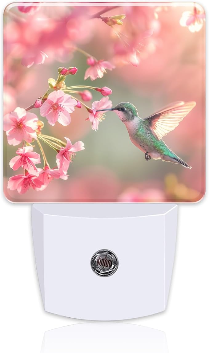 Hummingbird with Cherry Blossoms Night Light Plug into Wall, Pink Flowers Bird Dusk to Dawn Night Light Plug in,0.5w Energy Saving Sleep Friendly NightLight for Kids Boys Girls Home Decor