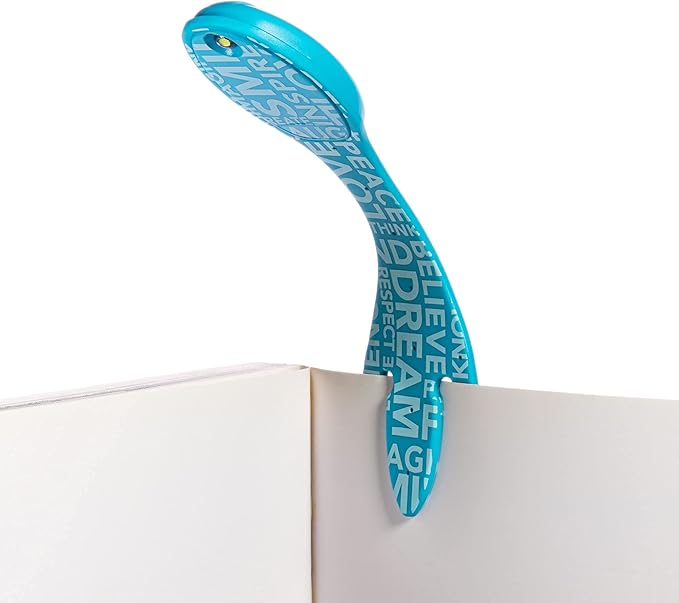 Gifts for Readers & Writers Book Light, Clip On Reading Light for Bed, 2in1 Flexilight & Bookmark, Small & Lightweight with a Soft Glow, 2 Batteries Included, Blue Words