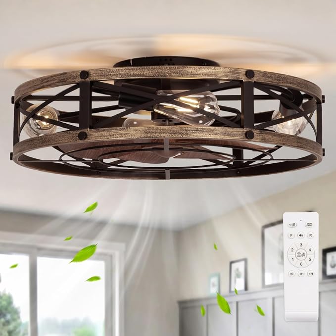 SHLUCE 22" Farmhouse Ceiling Fan with Light, Rustic Caged Bladeless Low Profile Ceiling Fans with Lights and Remote, Modern Flush Mount Ceiling Fans with Lights for Bedroom, Living Room - ETL