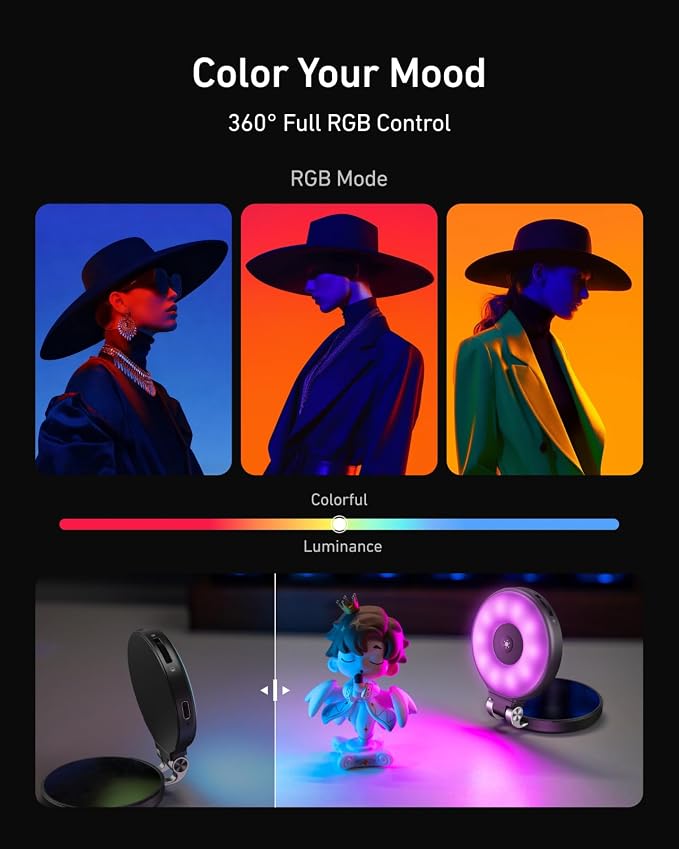 TELESIN Upgraded 4-in-1 Magnetic RGB Selfie Ring Light with Mirror & Phone Stand, Rechargeable Portable Clip On Fill Light for iPhone Samsung TikTok, Vlogging, Makeup, Photography, Streaming (Black)