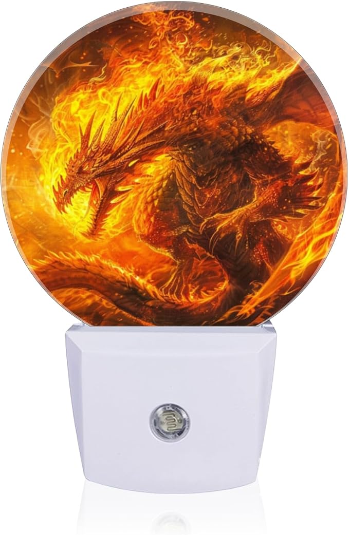 Round LED Night Lights Lamp with Dusk to Dawn Sensor, Fantasy Painting Of Enormous Majestic Dragon Made Out Of Fire Night Light Plug Into Wall for Kids Room, Bedroom, Bathroom, Kitchen, Hallway