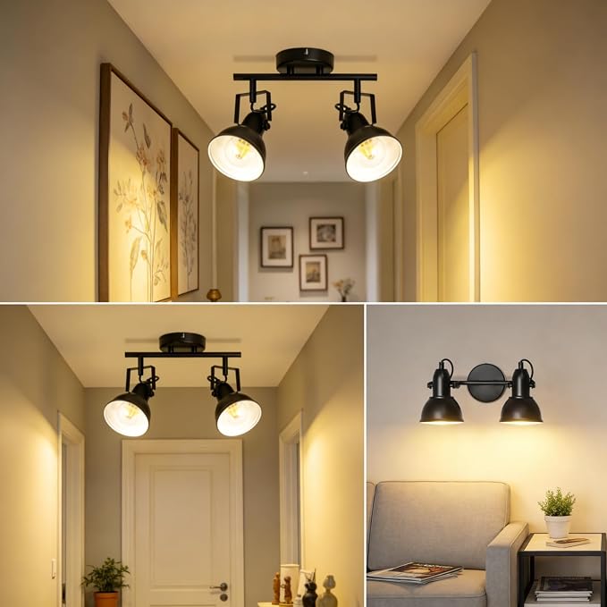 HiBay LED Track Lighting Fixtures, Rotatable 2-Light Spot Light Black | Ceiling Wall Mount, Industrial Track Light Spotlight for Kitchen, Living Room, Hallway, E26 Base (Bulbs Not Included)
