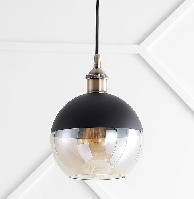 JONATHAN Y Nixon 1-Light 7.5" Globe Pendant, Brass Gold/Black | Mid-Century Modern, Adjustable, Champagne Smoked Glass Shade, LED Bulbs Included, Metal/Glass Kitchen Island Ceiling Fixture