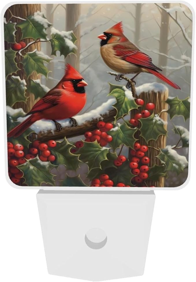 Christmas Red Birds Night Light Set of 2, Winter Snow Auto Sensor LED Dusk-to-Dawn Nightlights, Plug-in Sensor Lamp for Bedroom Bathroom Kitchen Hallway Stairs Decorative