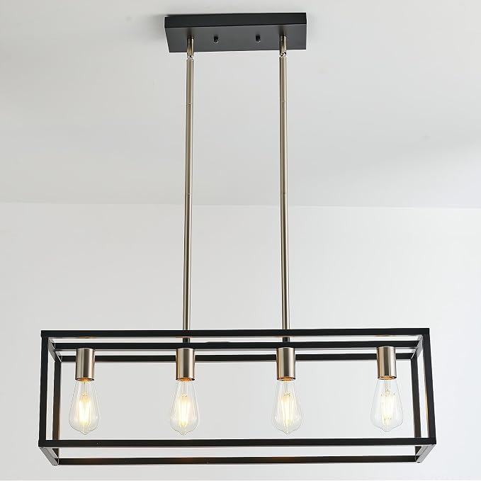 Black&Brushed Nickel Kitchen Light Fixtures Farmhouse Rectangle Chandeliers Dining Room Light for Dining Rooms, Light Fixture Matte 4-Light Industrial Pendant Lighting