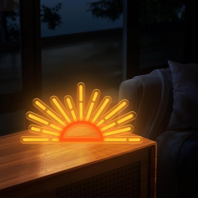Sunrise Neon Sign, LED Half Sun Wall Light, Orange and Yellow, Bedroom and Living Room Decor