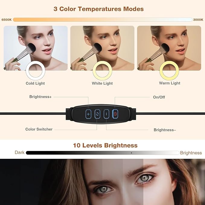 Suction Cup Makeup Lights for Full Length Mirror, Flexible Gooseneck Vanity Lights Stick on, Led Selfie Ring Light for Makeup Vanity Table & Bathroom Mirror, 3 Color & 10 Brightness, Plug in, Black
