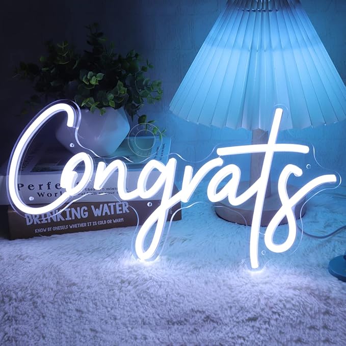 SYLHOME Congrats LED Neon Light Sign for Wedding Birthday Party Graduation Background Wall Decor Sign Celebration Banquet Light Up Sign 15.75" X 7.4" USB Indoors Cold White