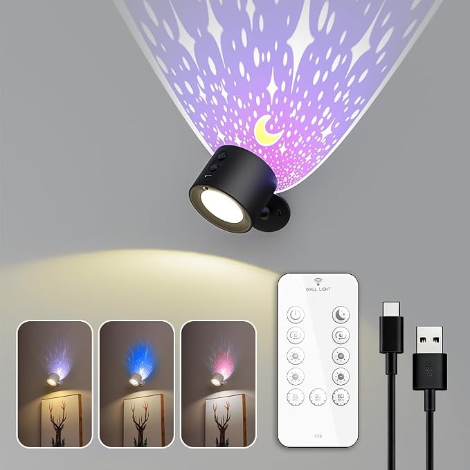LED Wall Mount Light with Projection Rechargeable Wall Light, 3 Color Temperatures, Remote Control and Touch, 360° Rotating Dimmable Cordless Wall Light for Study Bedroom Reading Bedside (black)